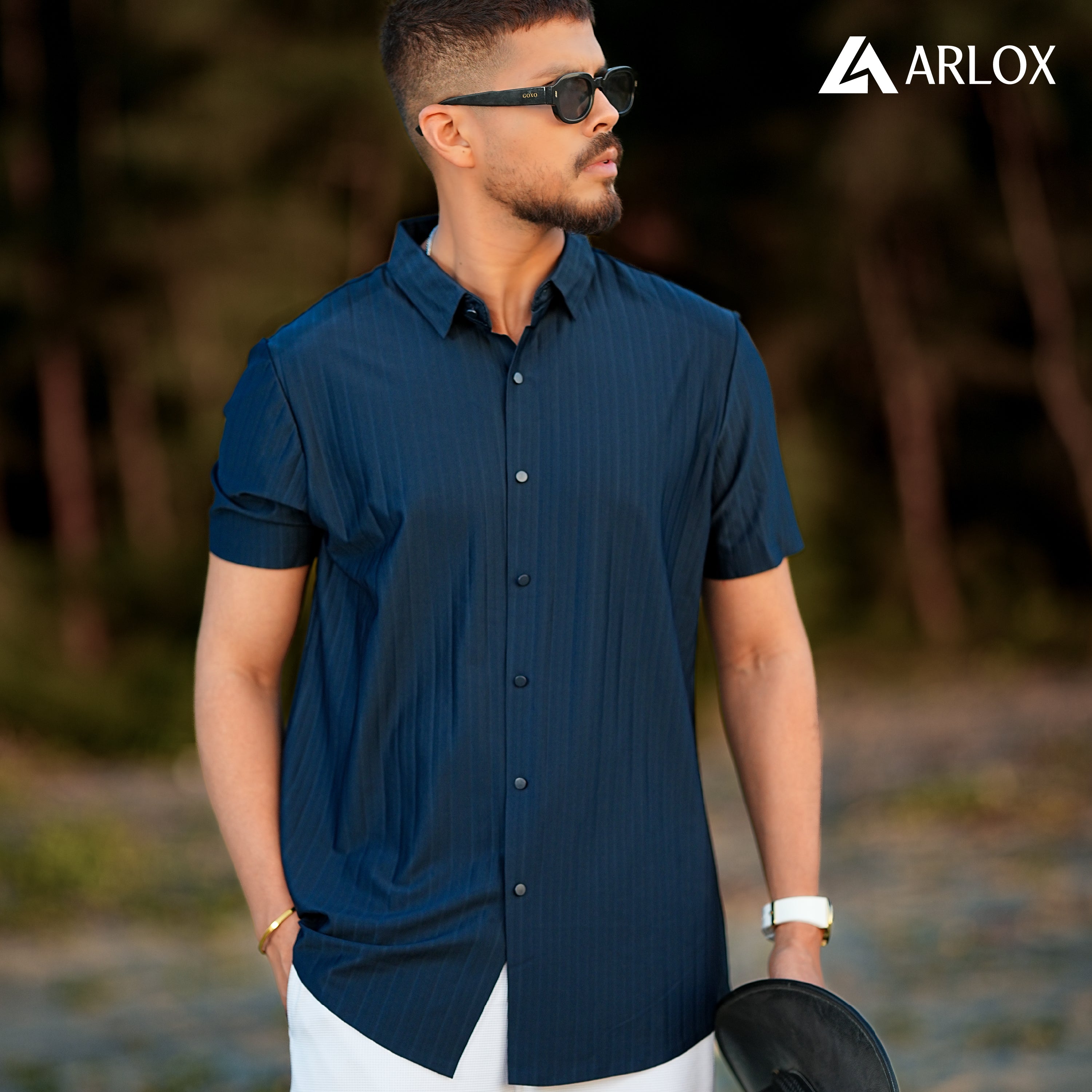 Broadcloth Vertical Stripe Japanese Half Shirt - Deep Navy