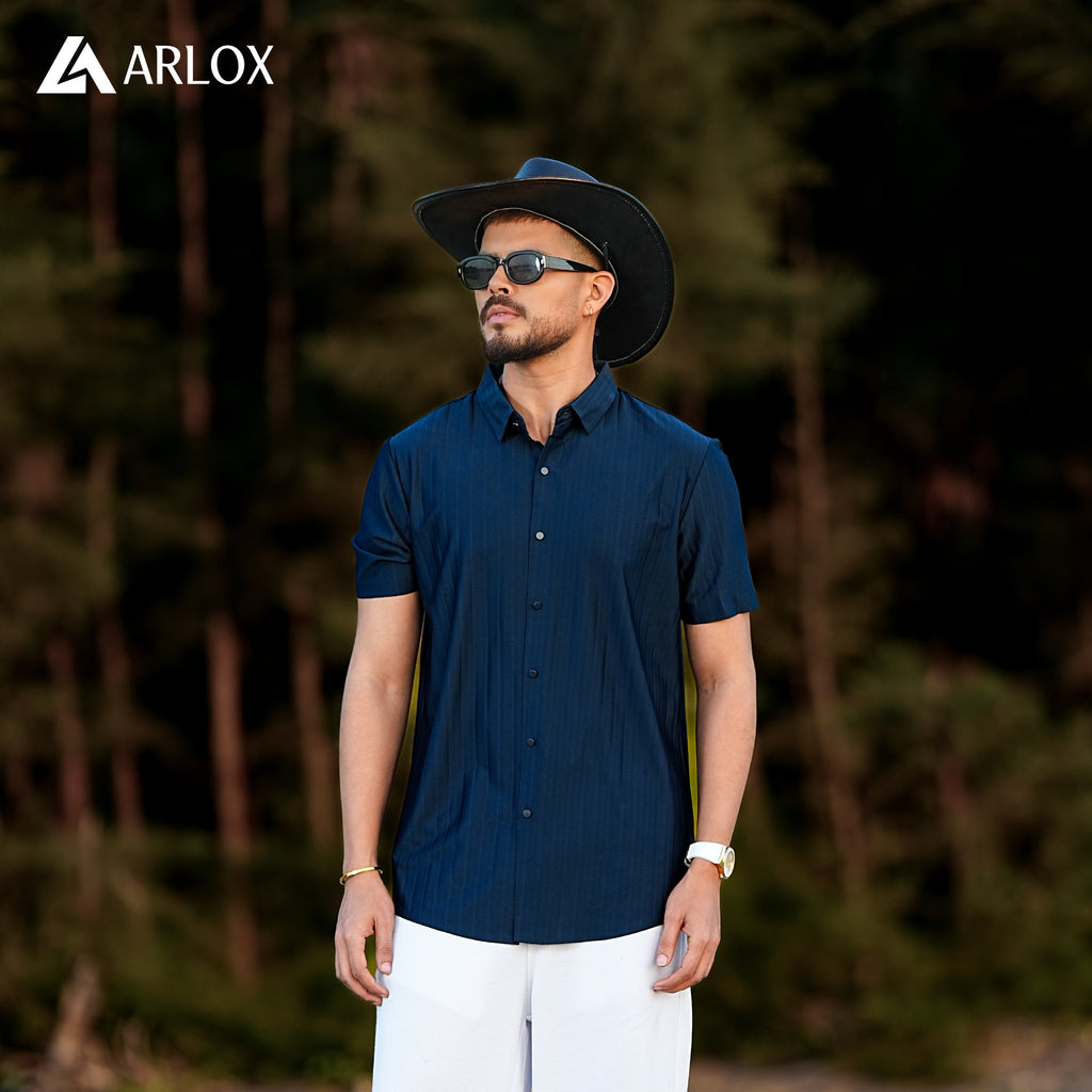Broadcloth Vertical Stripe Japanese Half Shirt - Deep Navy