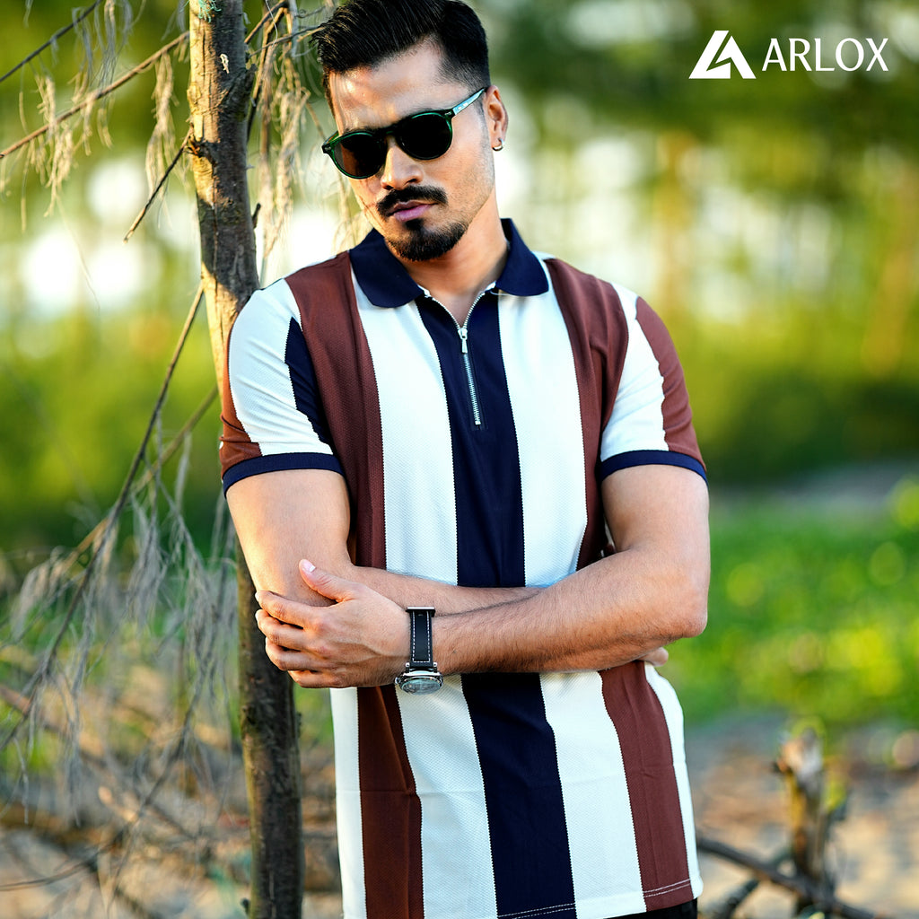 Multicolour Stripe Zip Neck Polo Shirt