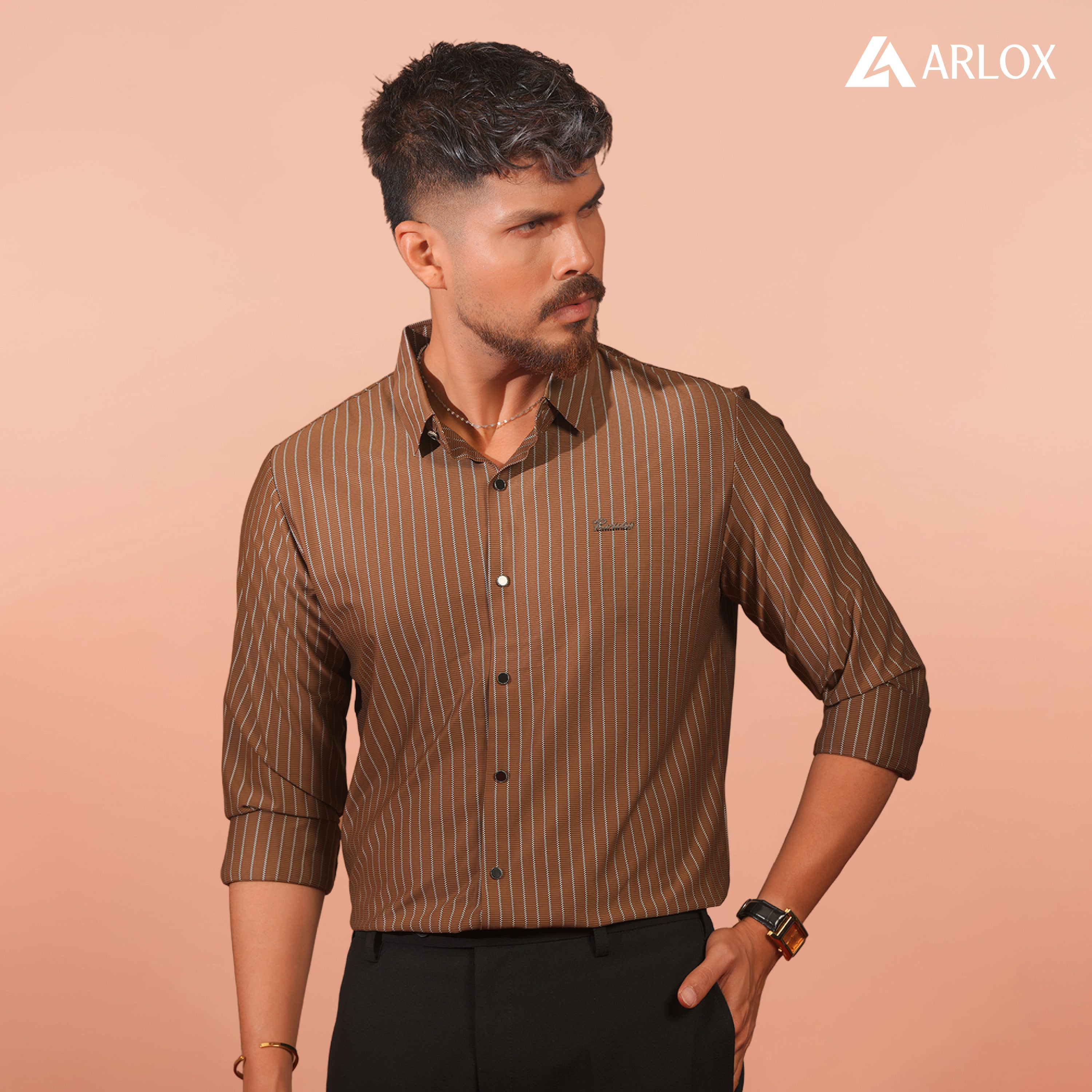 Broadcloth Vertical Stripe Japanese Shirt - Rust Brown