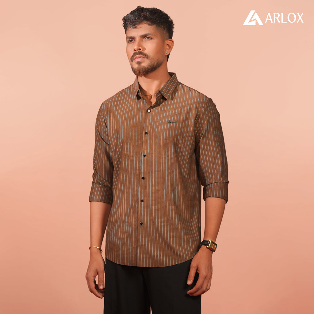 Broadcloth Vertical Stripe Japanese Shirt - Rust Brown