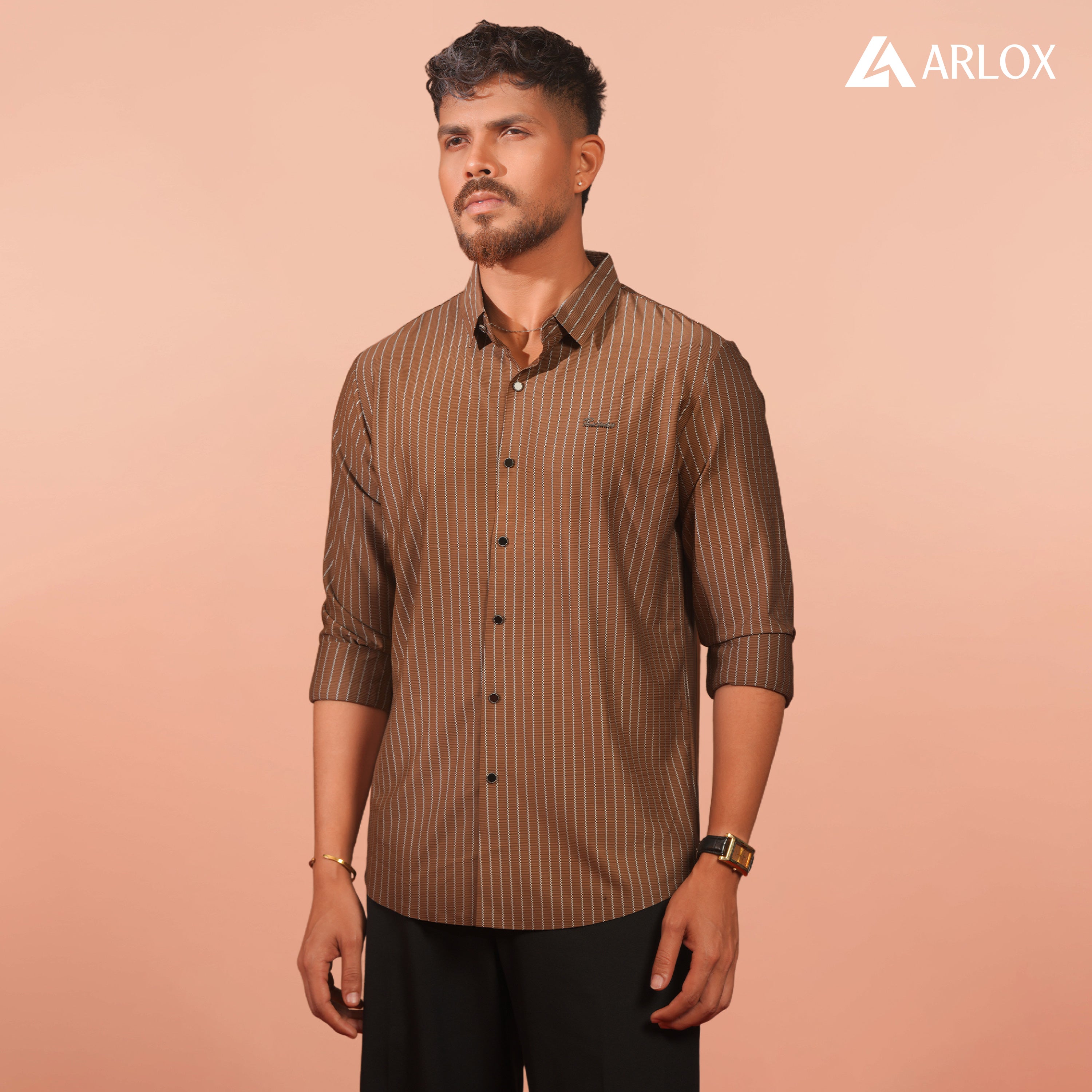 Broadcloth Vertical Stripe Japanese Shirt - Rust Brown