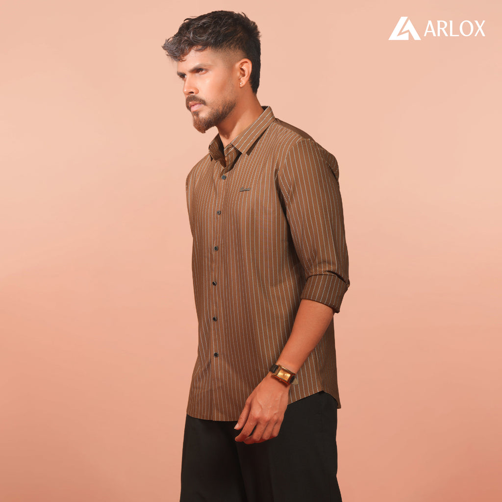 Broadcloth Vertical Stripe Japanese Shirt - Rust Brown