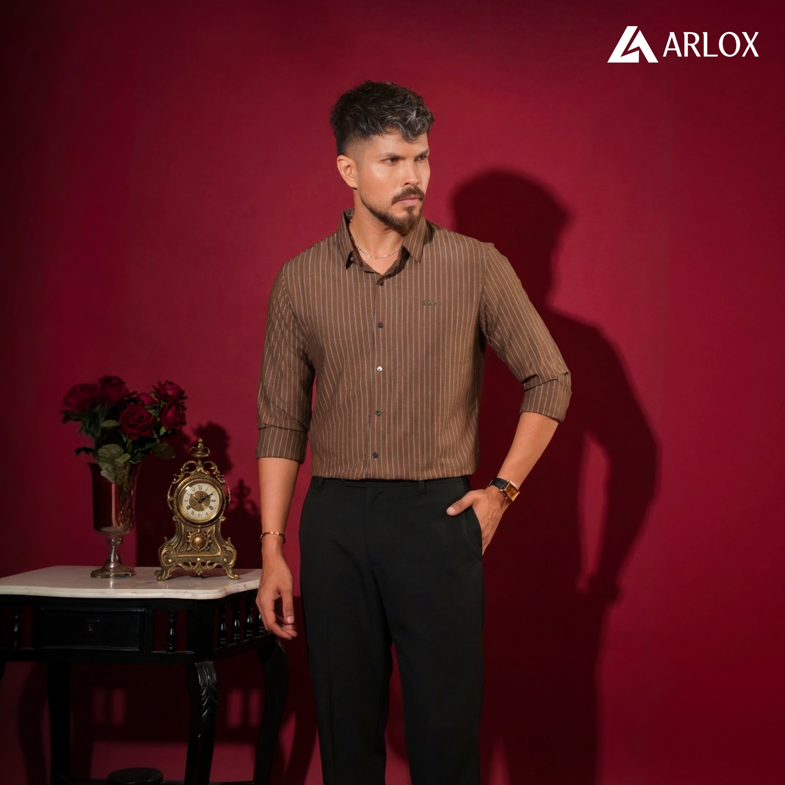 Broadcloth Vertical Stripe Japanese Shirt - Rust Brown