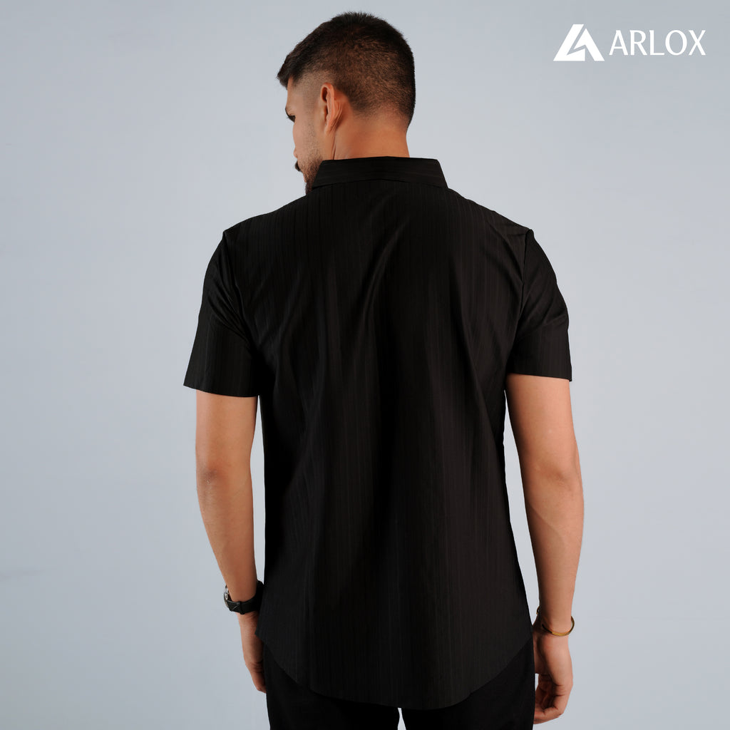Broadcloth Vertical Stripe Japanese Half Shirt - Royal Black