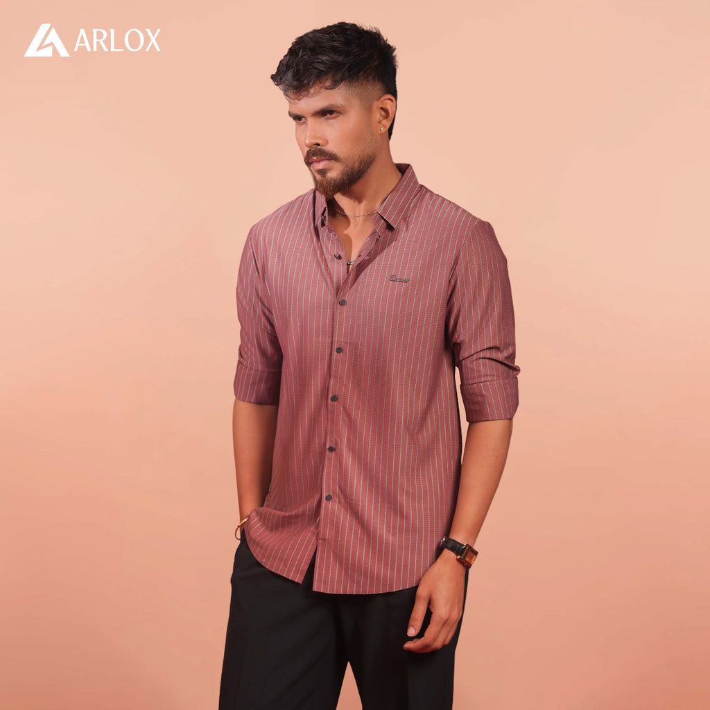 Broadcloth Vertical Stripe Japanese Shirt - Rosewood Red.
