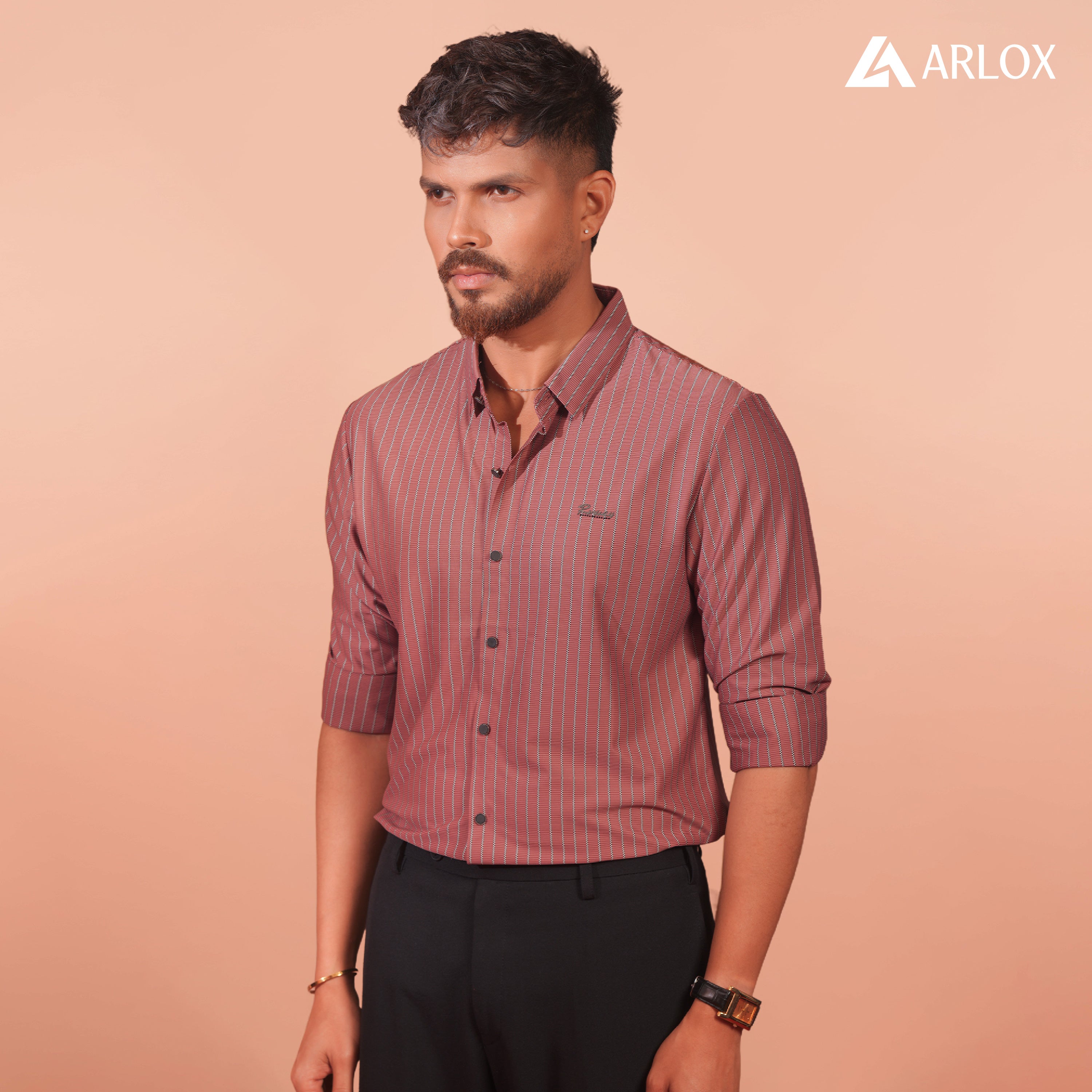 Broadcloth Vertical Stripe Japanese Shirt - Rosewood Red.