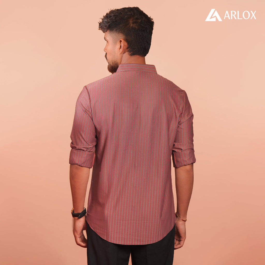 Broadcloth Vertical Stripe Japanese Shirt - Rosewood Red.