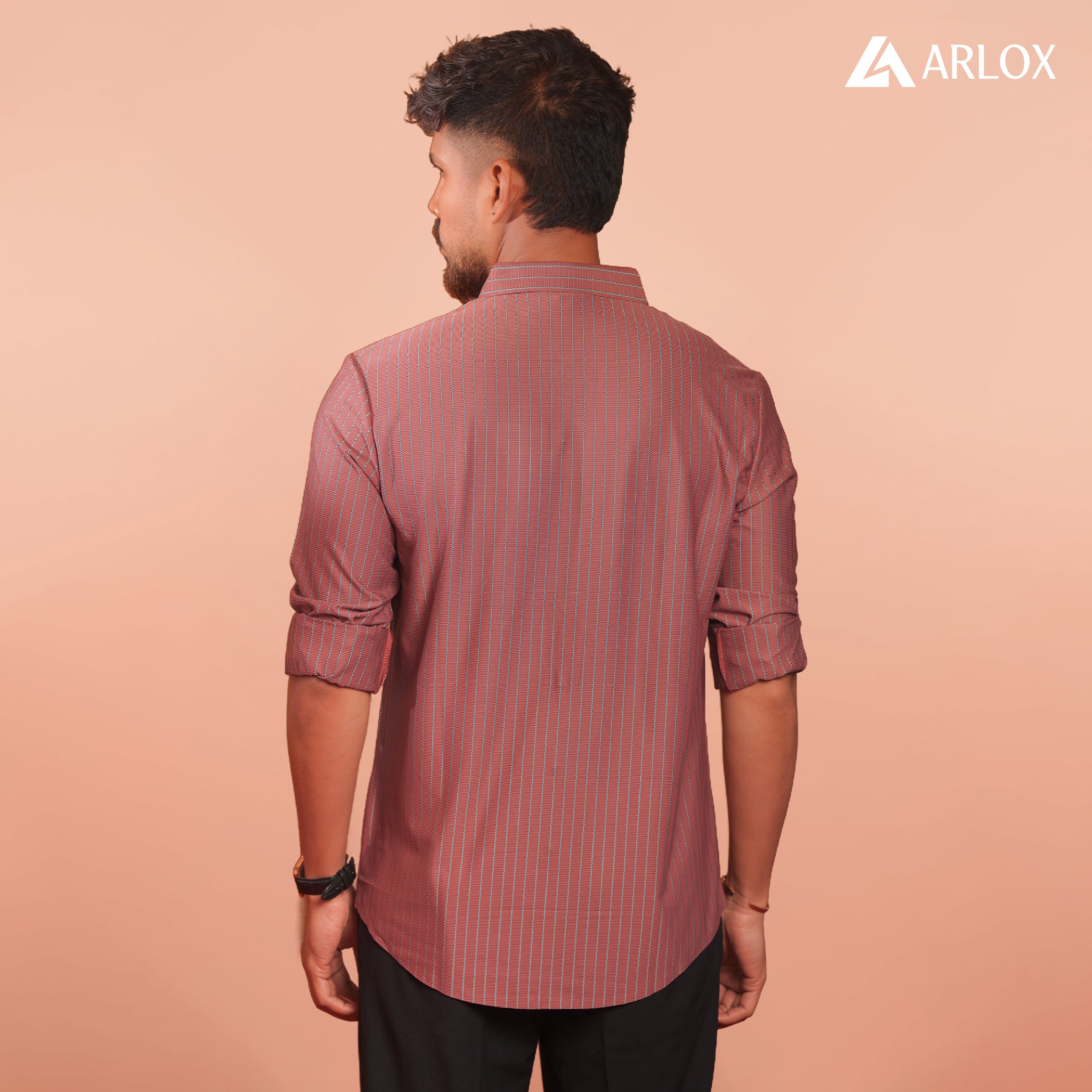 Broadcloth Vertical Stripe Japanese Shirt - Rosewood Red.