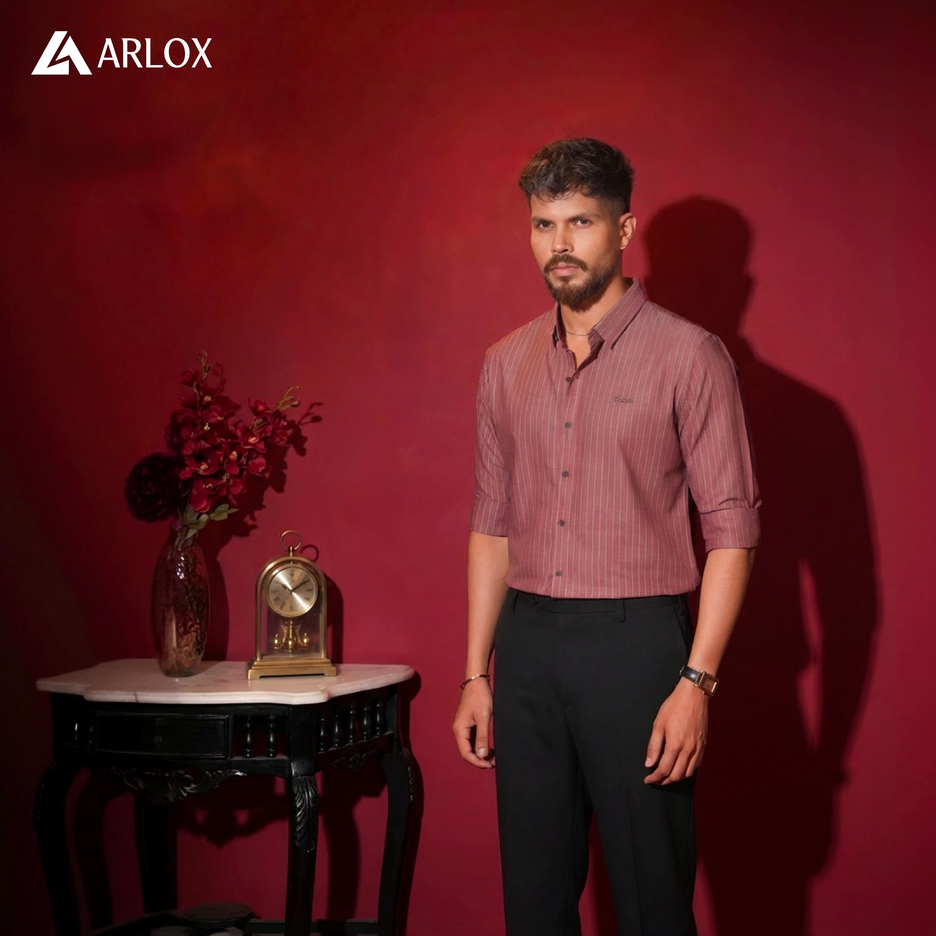 Broadcloth Vertical Stripe Japanese Shirt - Rosewood Red.