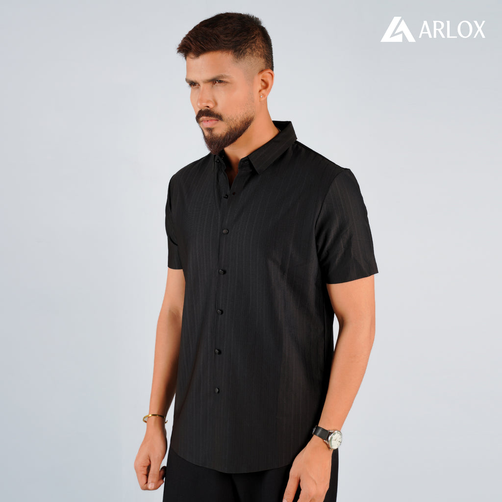 Broadcloth Vertical Stripe Japanese Half Shirt - Royal Black