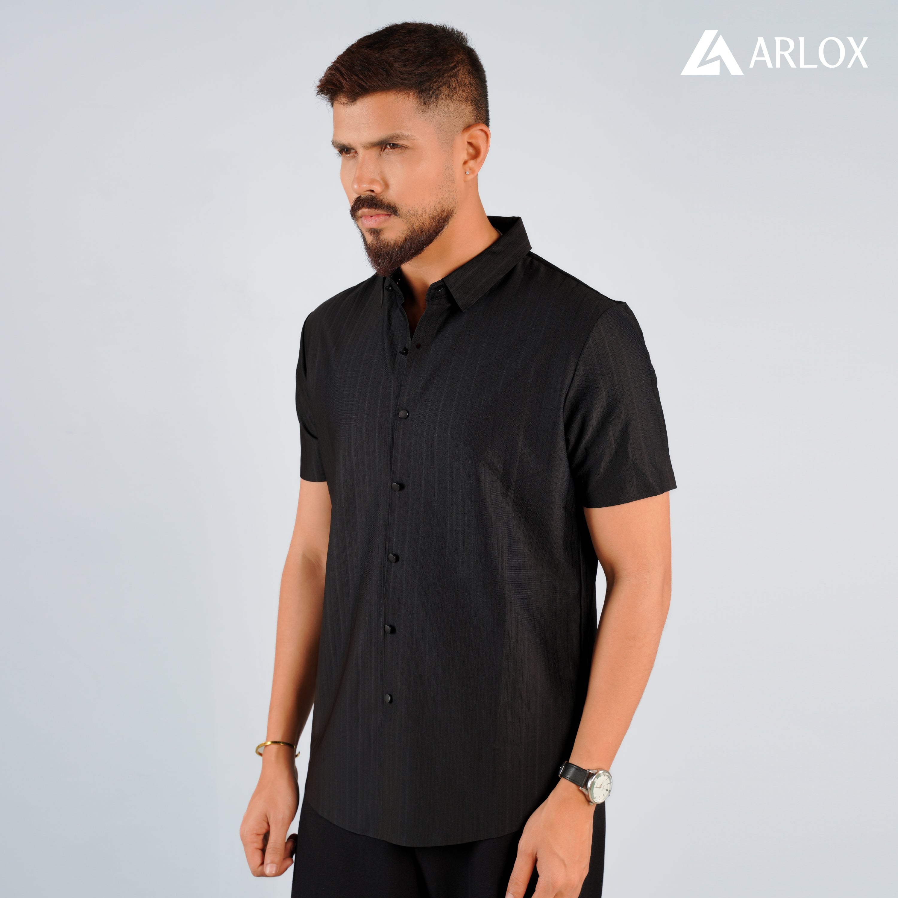 Broadcloth Vertical Stripe Japanese Half Shirt - Royal Black