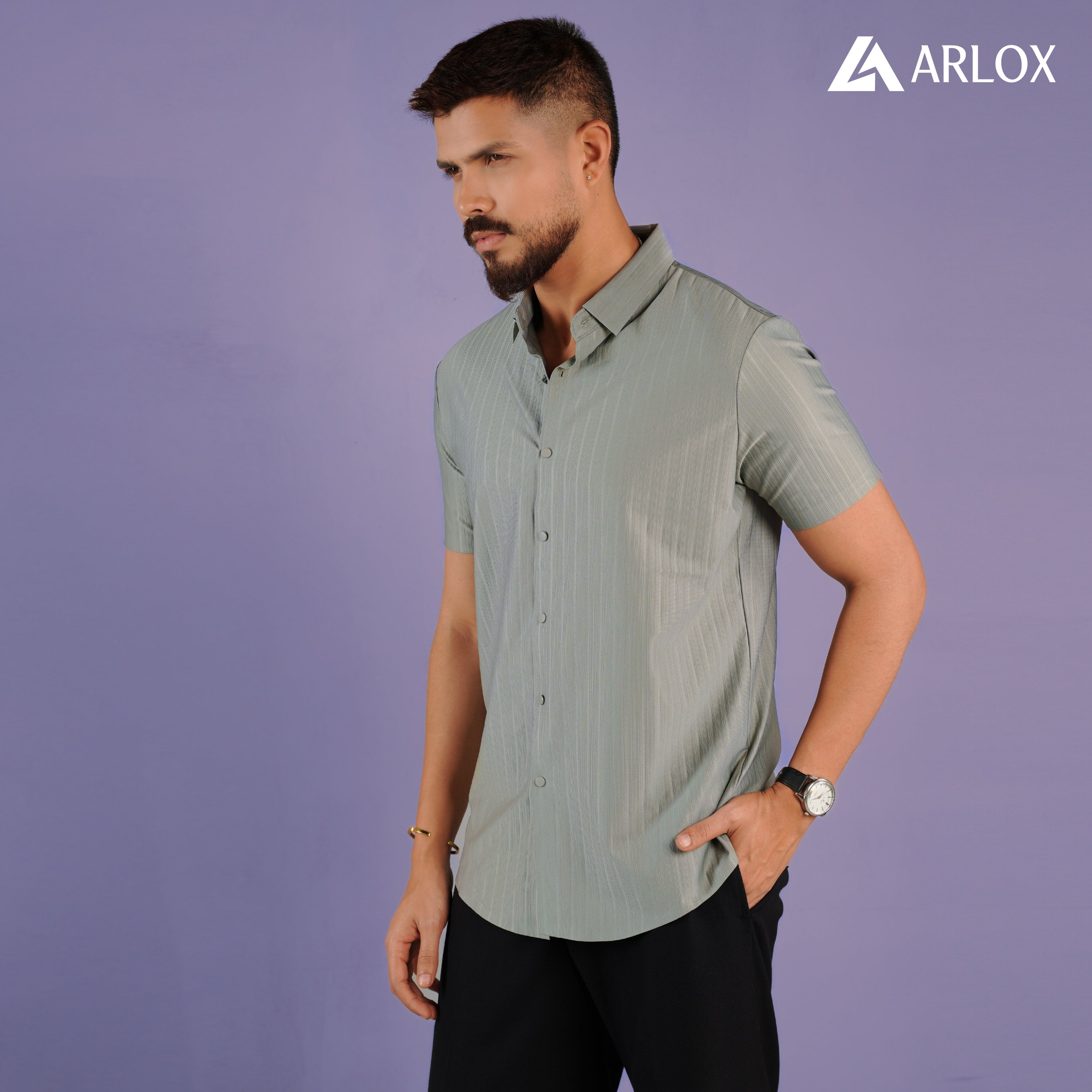 Broadcloth Vertical Stripe Japanese Half Shirt - Sage Green